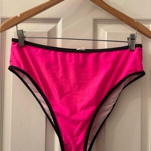 High-Waist Hot Pink Bikini Bottom with Black Trim
